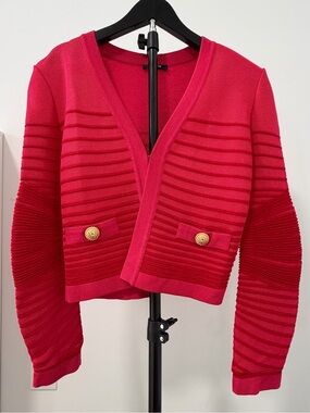 Balmain Hot Pink Ribbed V-Neck Cardigan with Gold-Tone Buttons